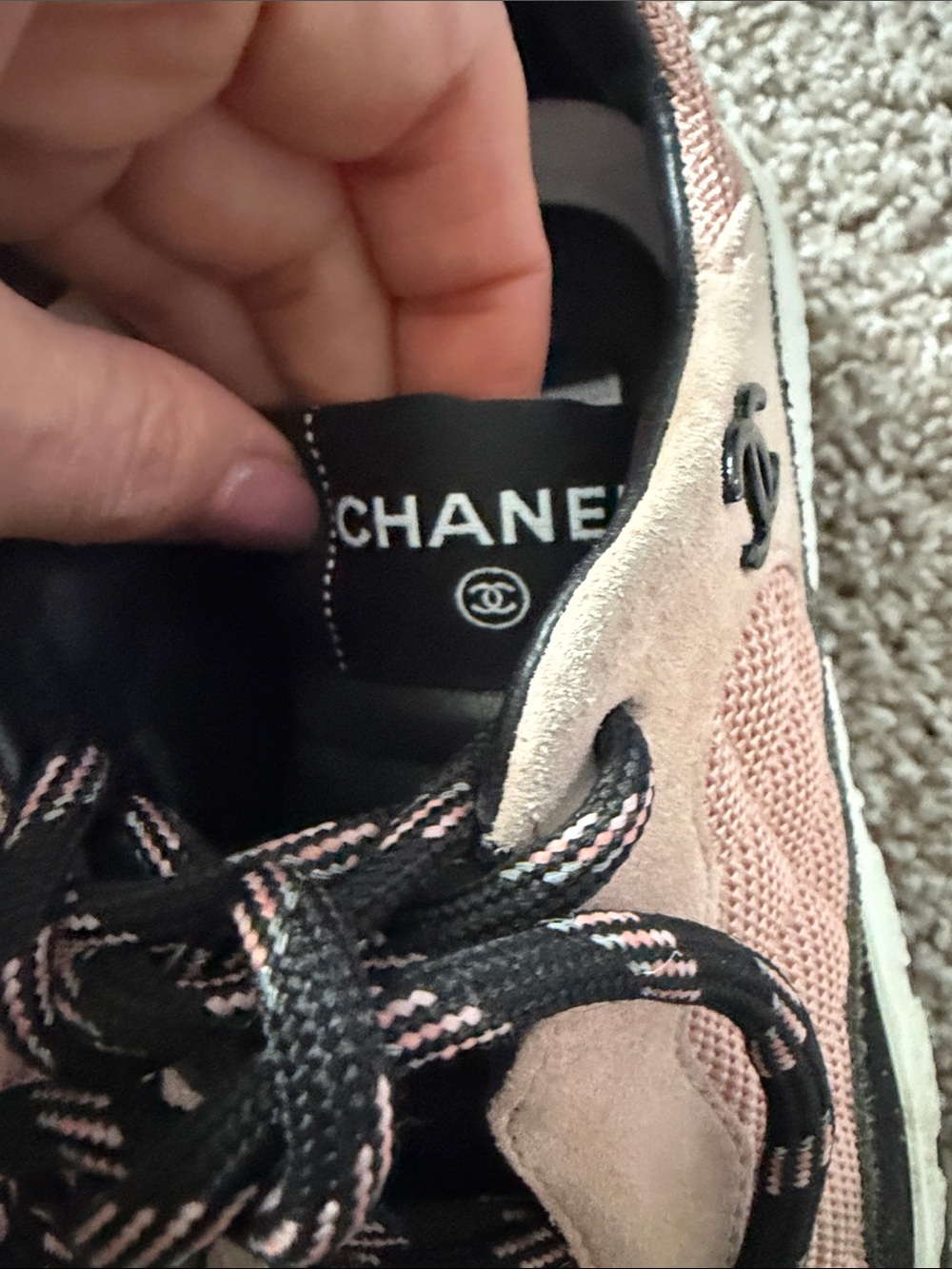 CHANEL Blush Pink Suede & Mesh Sneakers with Black Accents - Picture 2 of 7